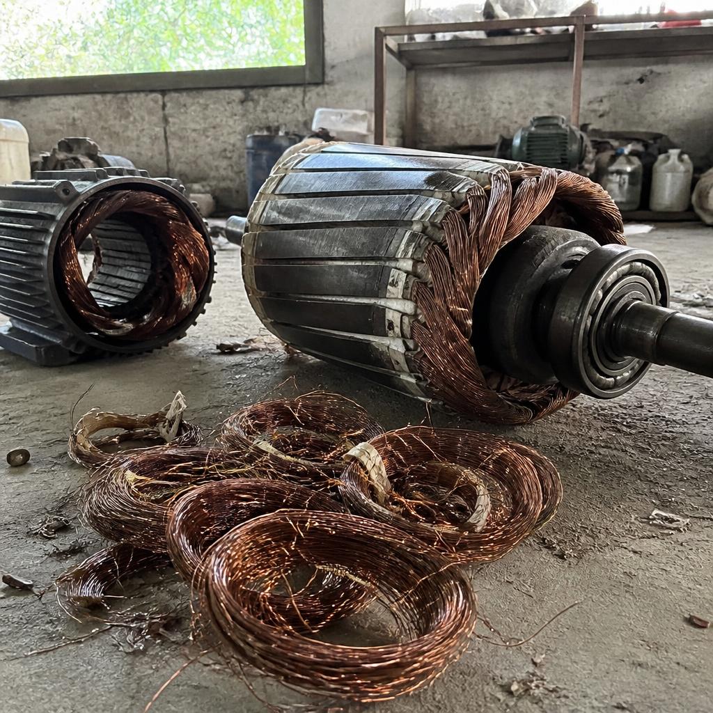 Elektrik motor rotoründen çıkan sargı bakırı ve bobinler